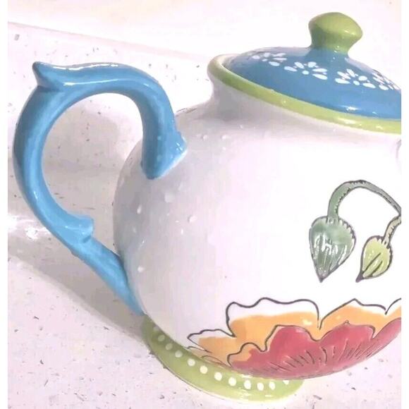Vintage Dutch Wax Teapot Red Blue Floral Coastline Imports Ceramic - Picture 4 of 9